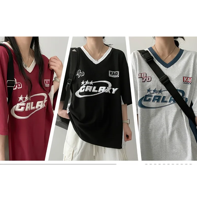 

2025 Fashion Korean Popular Jersey Street Loose Short Sleeve Women's Tops T-shirts All-match High Street Retro Sports T-shirts
