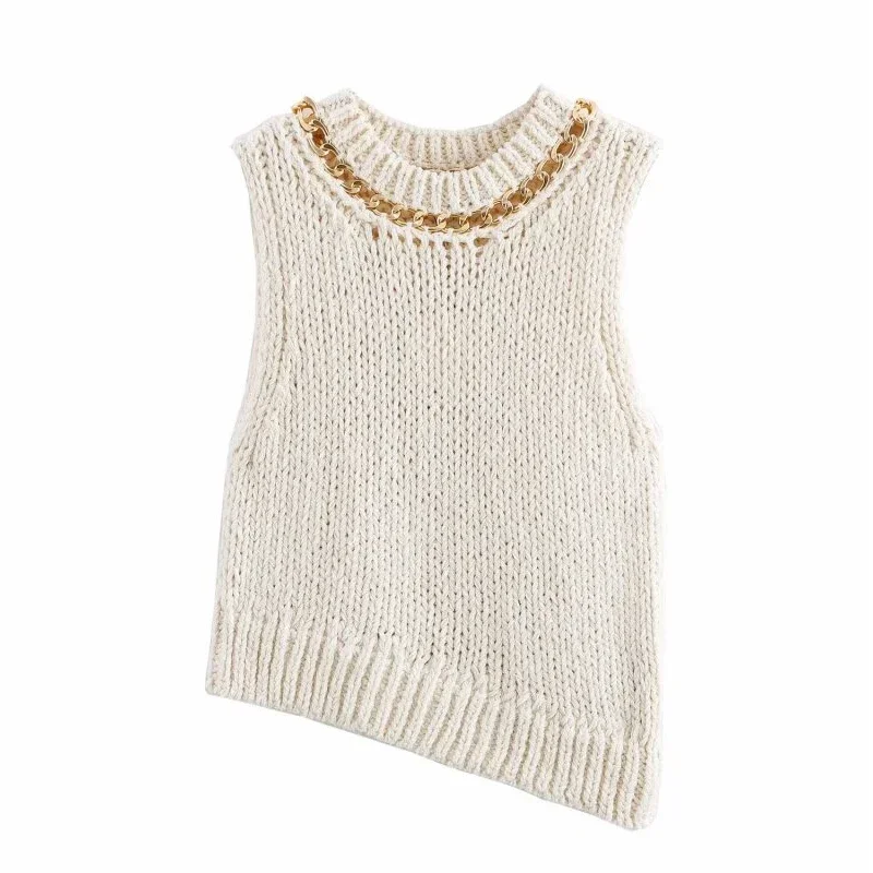 

Women Asymmetry Knitted Waistcoat Streetwear Female Casual Solid Vest Elegant Fashion Lady Sleeveless Tops Chain Decoration