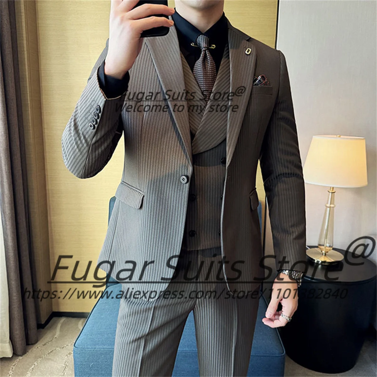 

Luxuly French style Fashion Men Suits Slim Fit Notched Lapel Groom Tuxedos 3 Pieces Sets Handsome Male Blazers Costume Homme