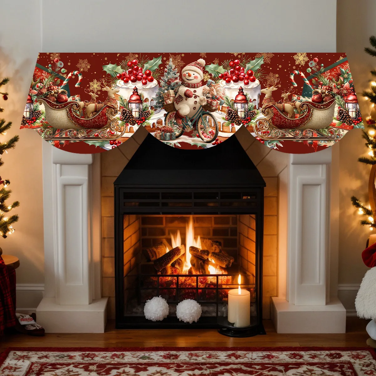 1Pc Christmas Theme Snowflake Snowman Reindeer Pattern Atmosphere Fireplace Scarf Holiday Home Fireplace Decoration