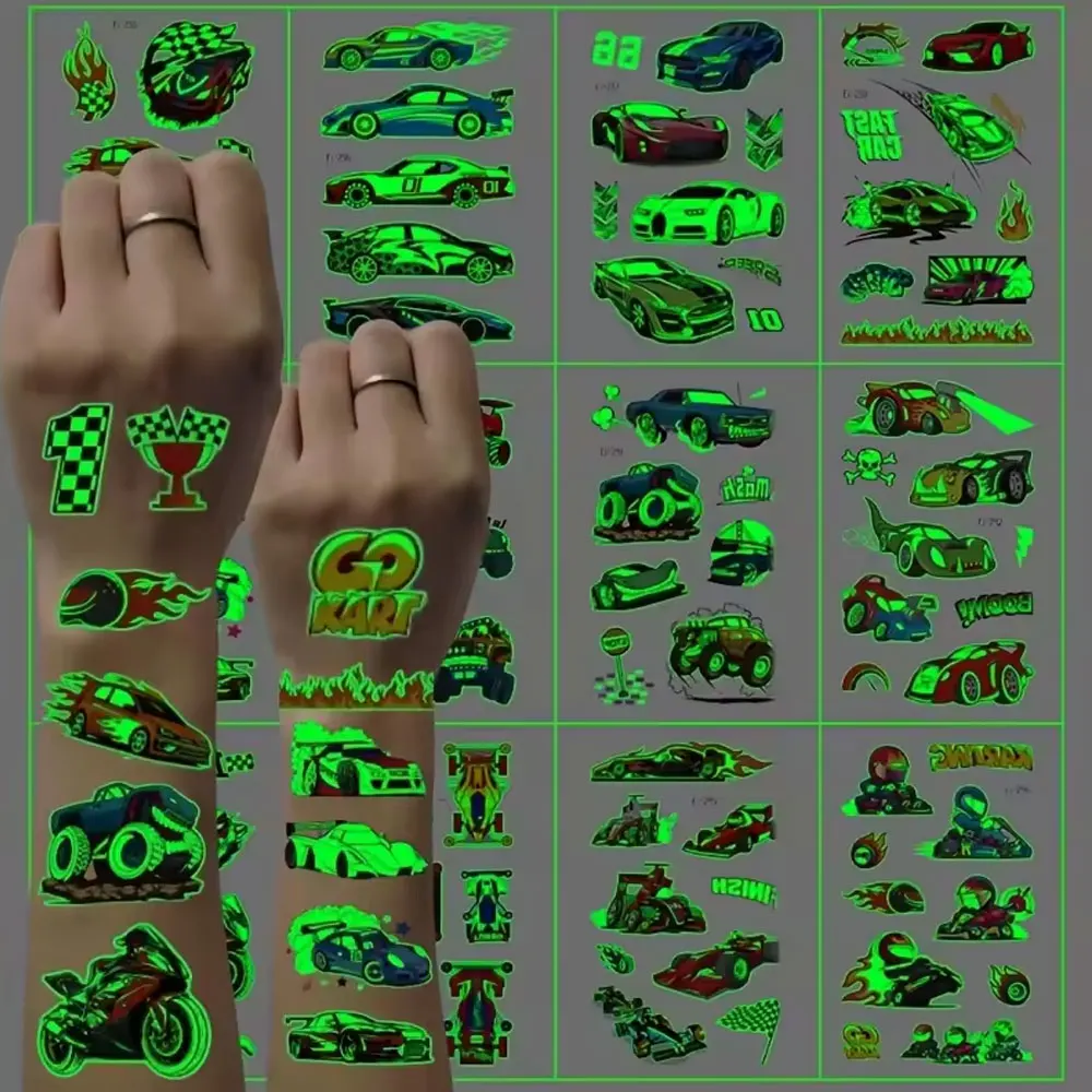 

12pcs Green Luminous Glow Waterproof Temporary Tattoo Sticker Sport Car Motorbike Flash Tatto Kid Arm Face Body Art Fake Tattoos