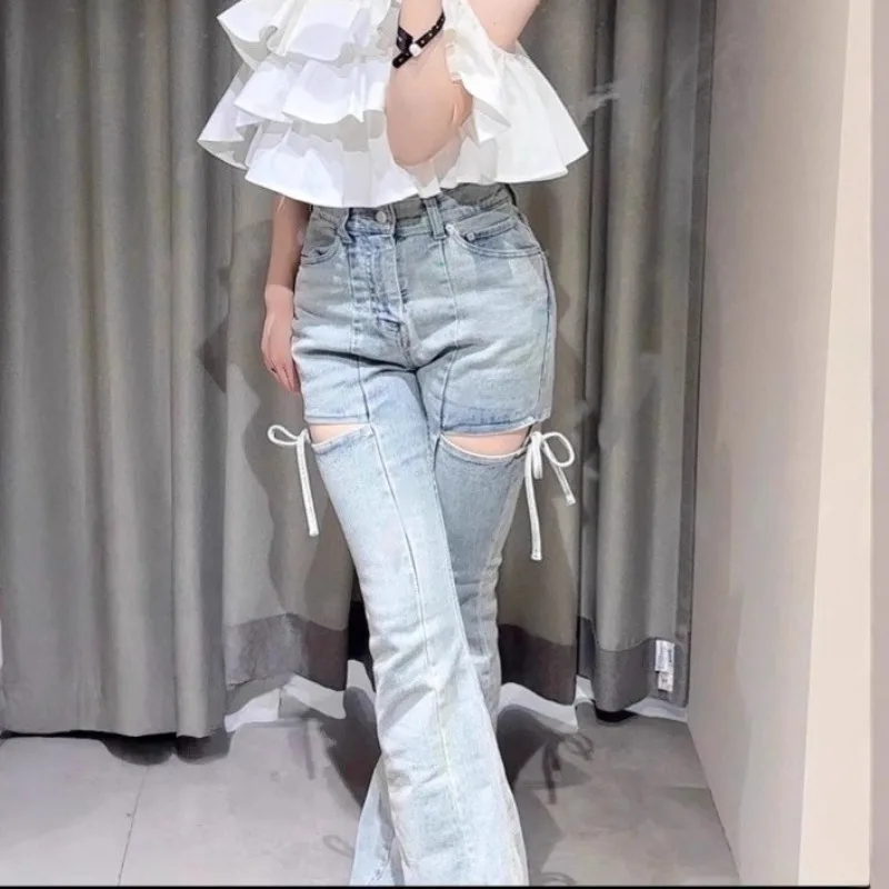 

Японские расклешенные тонкие джинсы с перекрестной шнуровкой, женские простые офисные женские брюки с высокой талией, милые брюки с бантом, джинсовые джинсы скинни, женские джинсы