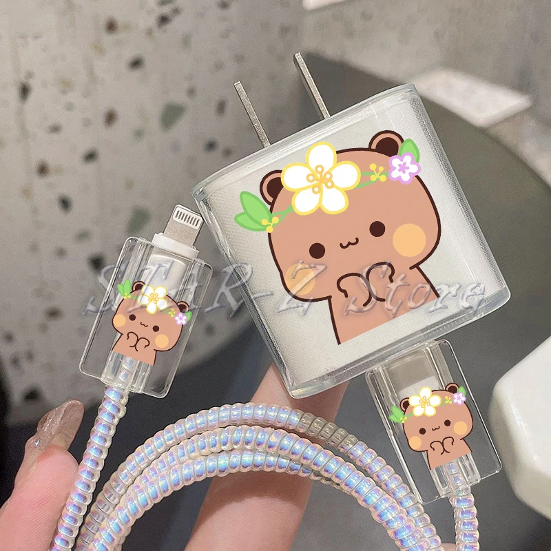 Cartoon Bubu Dudu Baby Bear Panda Protection Case for IPhone 15 14 13 Pro Max 18/20W Charger&Charging Protector Data Wire Winder