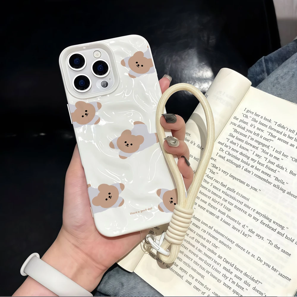 Modisches Bärenmuster Falten-Silikon-Handyhülle für iPhone 17 15 13 11 12 14 16 17 Pro Max 14 Plus Air mit Lanyard Niedliche Hülle – Detail 2