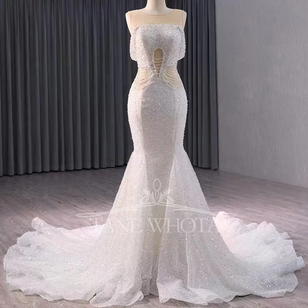 

Sexy O-Neck Sleeveless Lace Up Back Sequined Beading Customized Sheath Wedding Dress For Women Princess Style Vestido De Novia