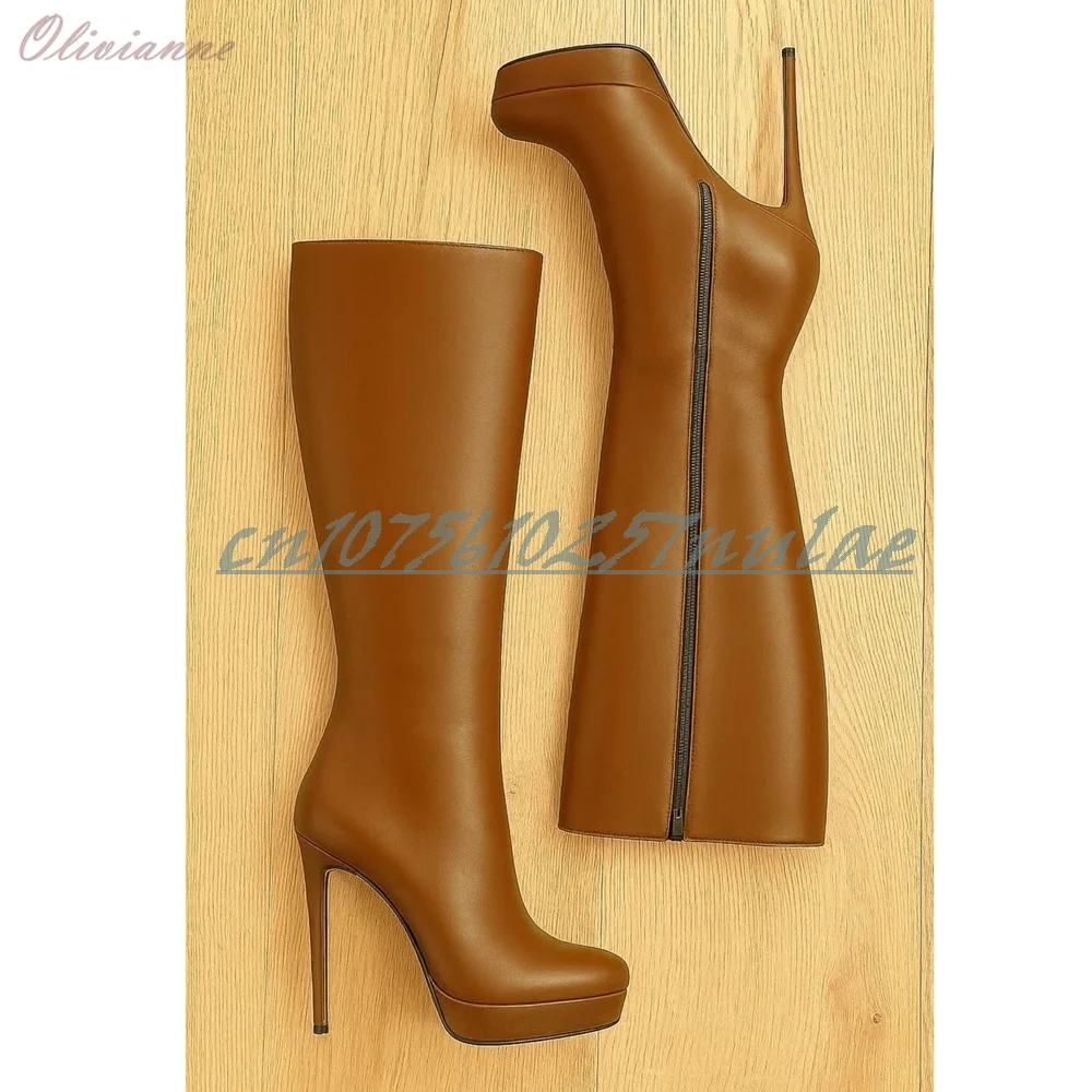 

Solid Brown Low Platform Knee High Boots Side Zipper Stiletto High Heels Elegant Lady's Women Shoes Boots Zapatos Para Mujere