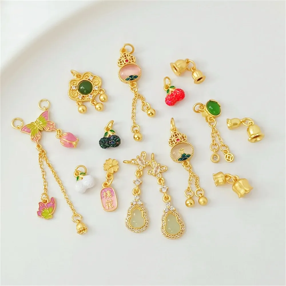 

Sand-gold Inlaid Jade Gourd Pendant, Lily of The Valley, Butterfly Drip, Handcrafted DIY Bracelet Accessory