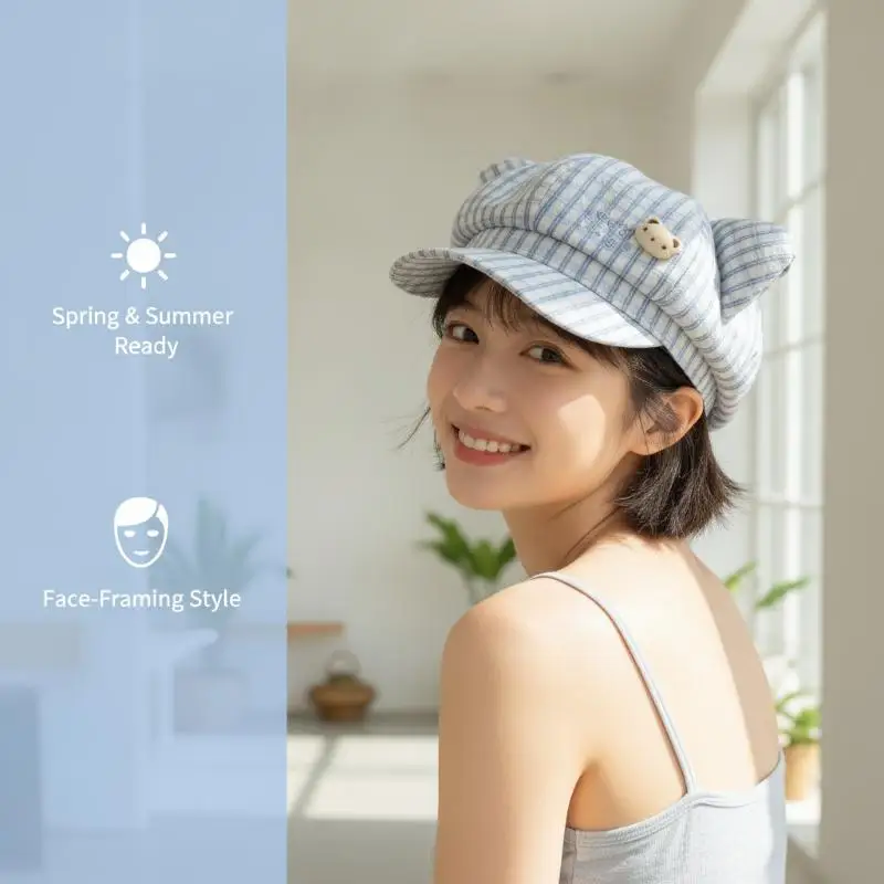 Niedlicher Bären-Karo-Achteck-Baskenmütze für Damen, Frühling-Sommer, dünne, süße, gesichtsstraffende Mütze, Ersatzteile – Detail 1
