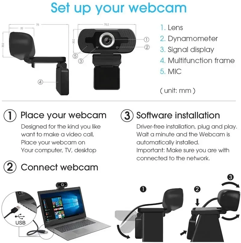 Webcam 1080P Full HD dengan mikrofon, kamera Web 1080p untuk PC komputer Mac Laptop Desktop YouTube Skype USB Camara Web
