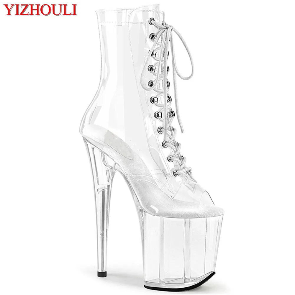 17-20cm sexy sky-hating high pole dancing heels with lace-up transparent waterproof platform runway low boots