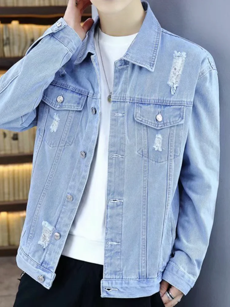 

Новая мужская светло-голубая джинсовая куртка на весну и осень, корейская верхняя одежда для студентов, повседневная свободная куртка