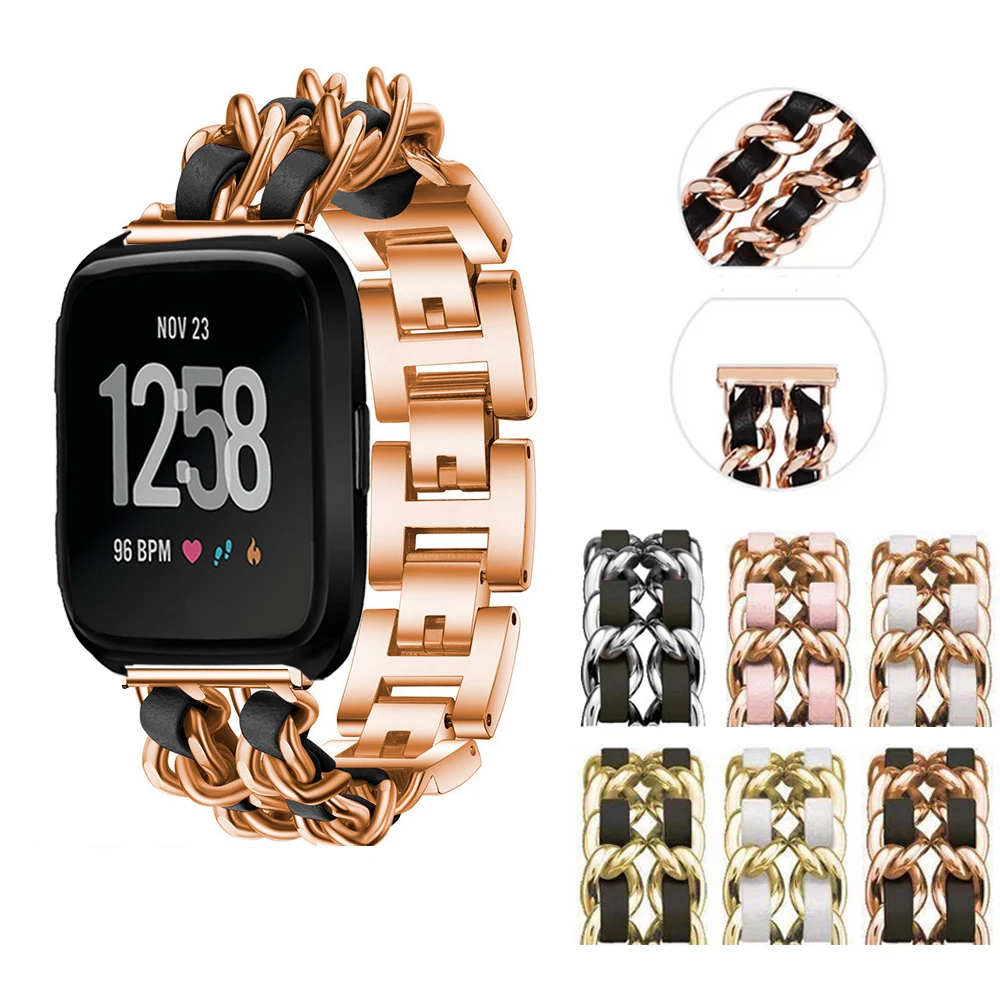 Geschikt voor Fitbit Versa 2/Versa Lite/Versaa 1/SE hoogwaardige lederen band, metalen ketting, modieus en voortreffelijk