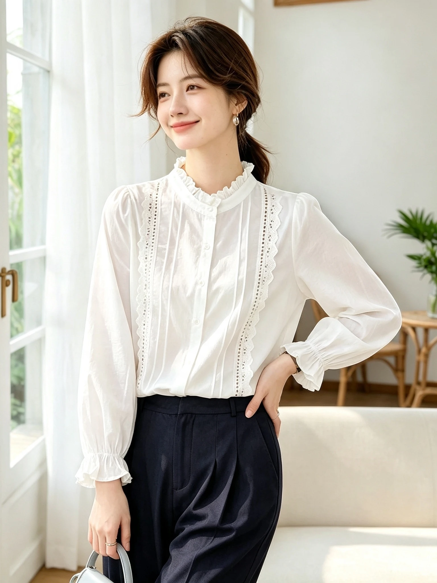 Women's Loose Long Sleeve White Shirt Lace Hollow out Splicing Design Sense Top French Style Polyester Fiber 100% Open Cardigan
