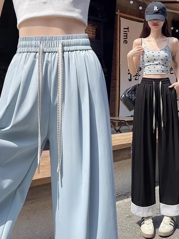 

High Waist Wide Leg Pants Women's Summer New Sle Ice Silk Cuffed Loose Nine Points Thinming Thin Casual Pants