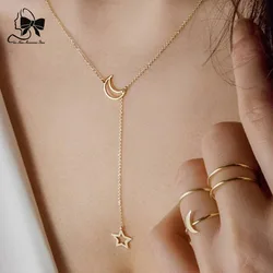 New Simple Moon Star Pendant Choker Necklace Simple Gold Color Alloy Charm Chain Collares Necklace for Women Party Jewelry