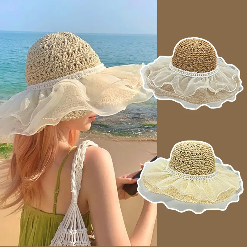 COKK Summer Hats For Women Straw Woven Beach Hat Lace Brim Fisherman Cap Sunshade Sunscreen Sun Hat Female Seaside