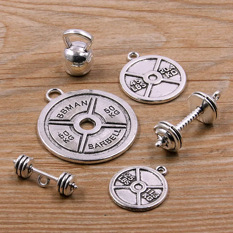 6Pcs 6 Styles Discus Dumbbel Weightlifting Charms Sports Pendants Handmade Decoration Vintage For DIY Jewelry Making Findings