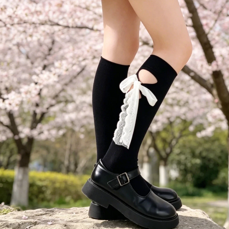 Lovely Fashion Girls Velvet Mid-Calf Socks Colorful Ribbon Ripped Lace Bow Elastic Soft Breathable All-Match Trendy Kids Hosiery