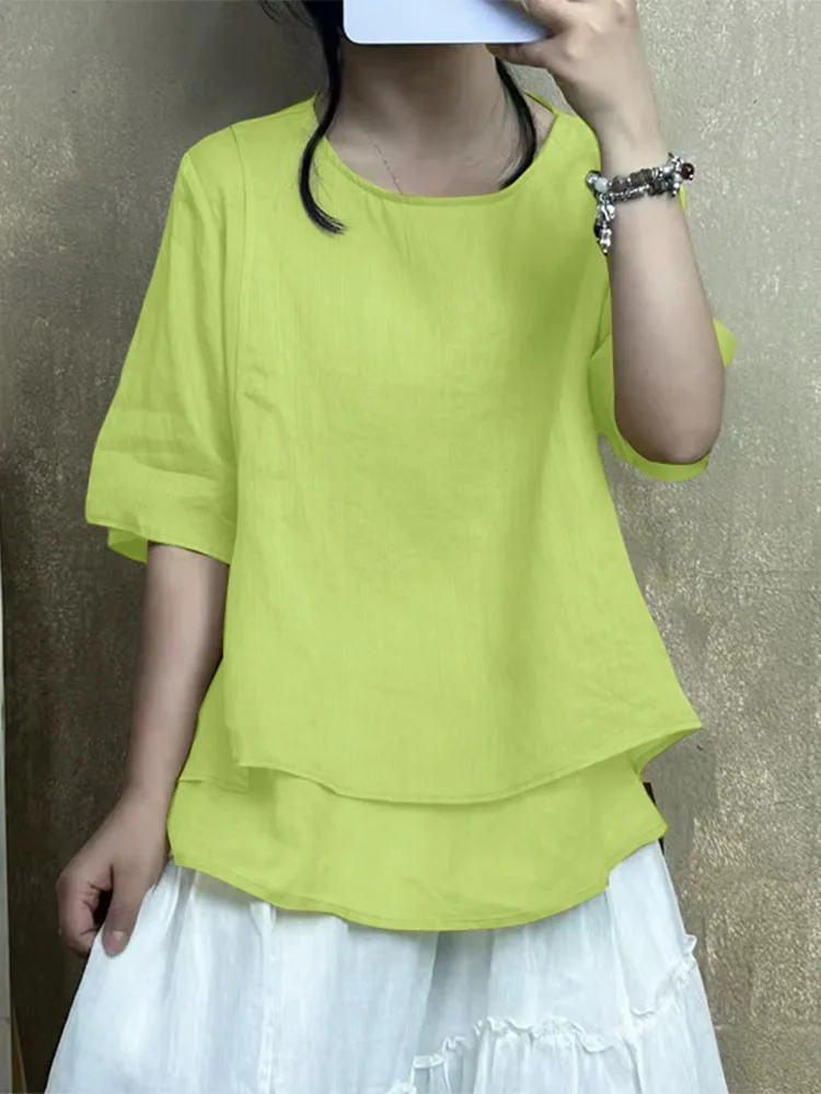 

2025 ZANZEA Women Summer O Neck Half Sleeve Blouses Vintage Cotton Tops Solid Loose Blusas Stylish Double Hem Work Shirt Mujer