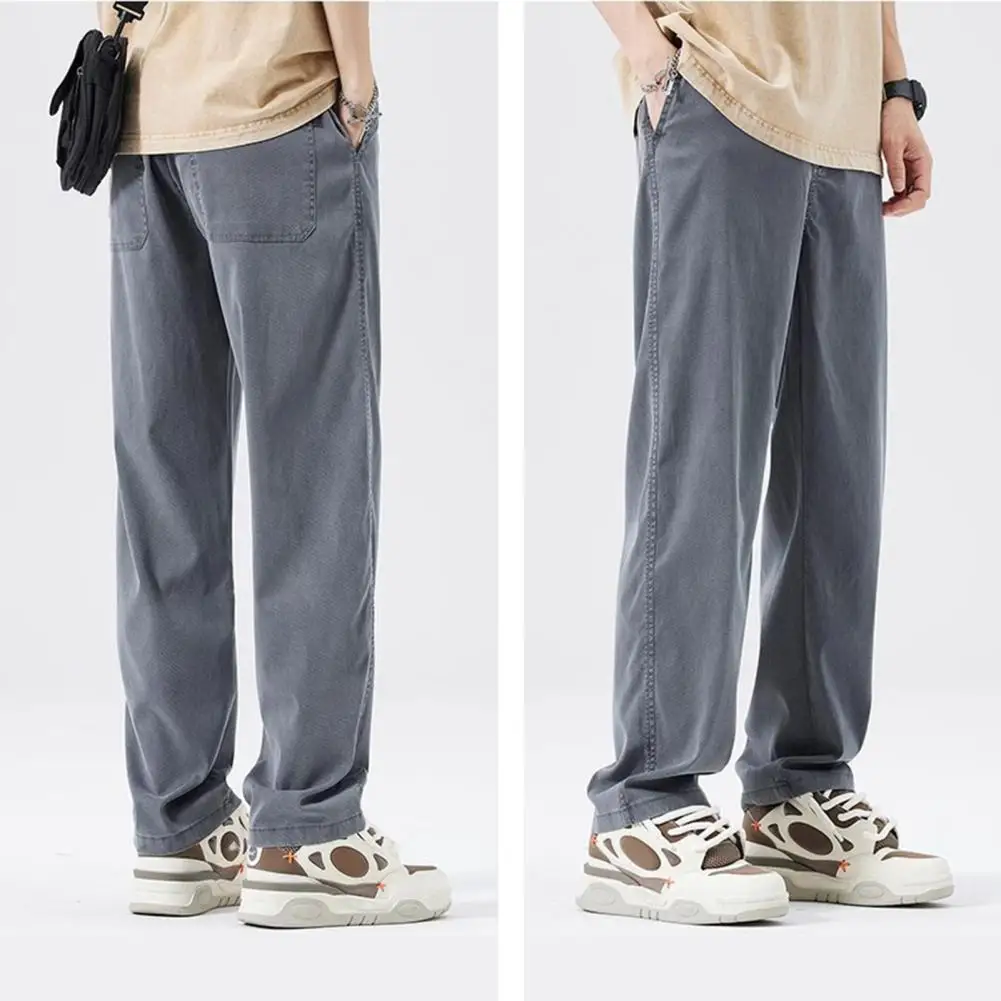 

Comfortable Men Jeans Stylish Men's Ice Silk Denim Pants Elastic Waist Wide Leg Pockets Summer Jeans Men Straight Leg Jeans