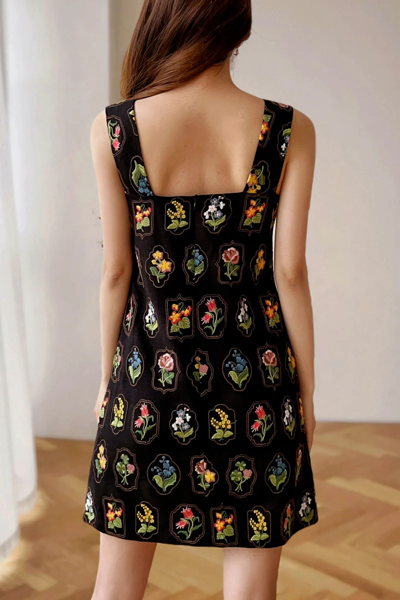 Zomer Borduren Spaghetti Jurk Damesjurk Vierkante Kraag Zonnejurk Knielange A-lijn Rok Y2K 2025, DABUWAWA DM2BDX003