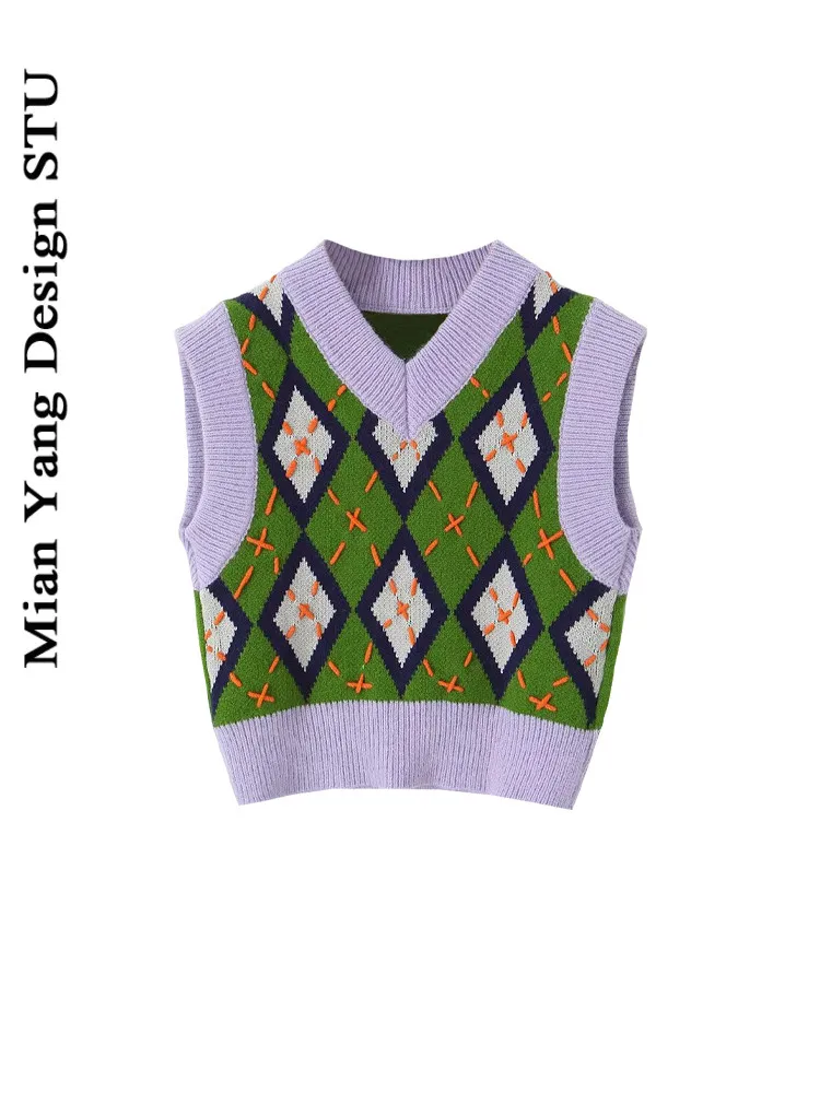 

Женский вязаный свитер в американском стиле в клетку в стиле ретро, вельветовый многослойный топ ручной работы с V-Ne Svel