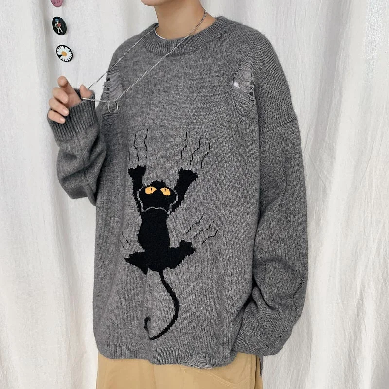 Autumn Korean Version Casual Harajuku Knitted Man Pullovers Fashion Cartoon Funny Cat Print O-neck Wild Korean Sweater Men