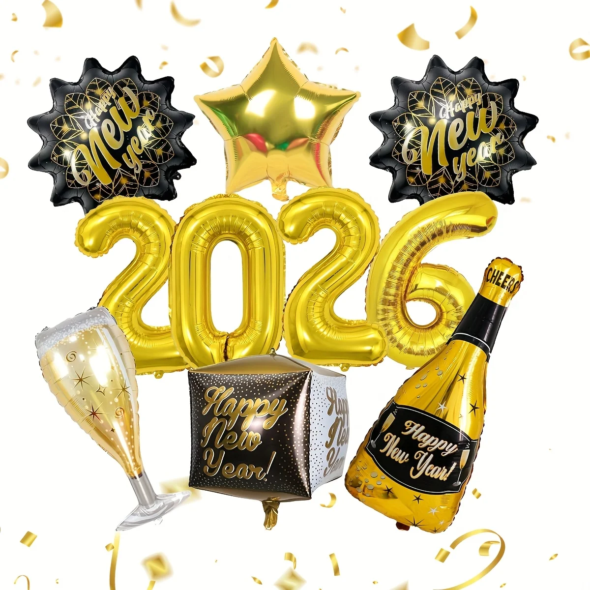 10 قطعة 2026 سنة جديدة سعيدة الأسود الذهبي احباط بالونات زجاجة نبيذ كؤوس الشمبانيا الذهبي ستار احباط بالونات الطرف الديكور