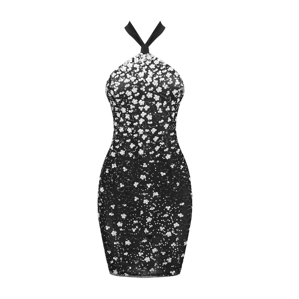Celebrity Mini Cocktail Black Slimming Halter Short Dress For Women Sleeveless Patchwork Sequins Prom Party Wear
