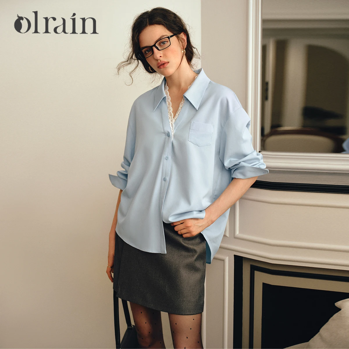 

OLrain французская рубашка с длинными рукавами для женщин, осень 2022, Новое поступление, однотонная рубашка свободного покроя с кружевной отделкой и отложным воротником O57QC001225