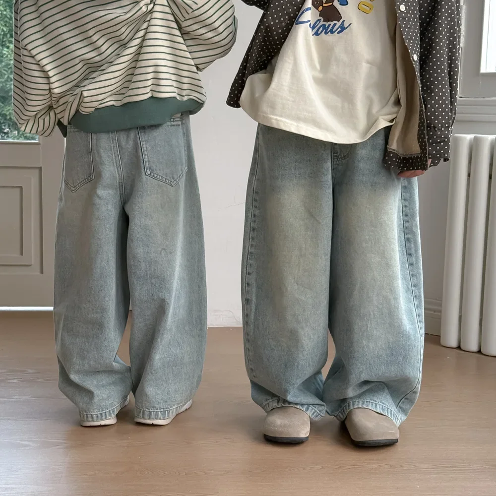 

Children Pants 2025 Spring Boys and Girls Korean Solid Casual Denim Straight Leg Pants Children Versatile Loose Wide Leg Pants