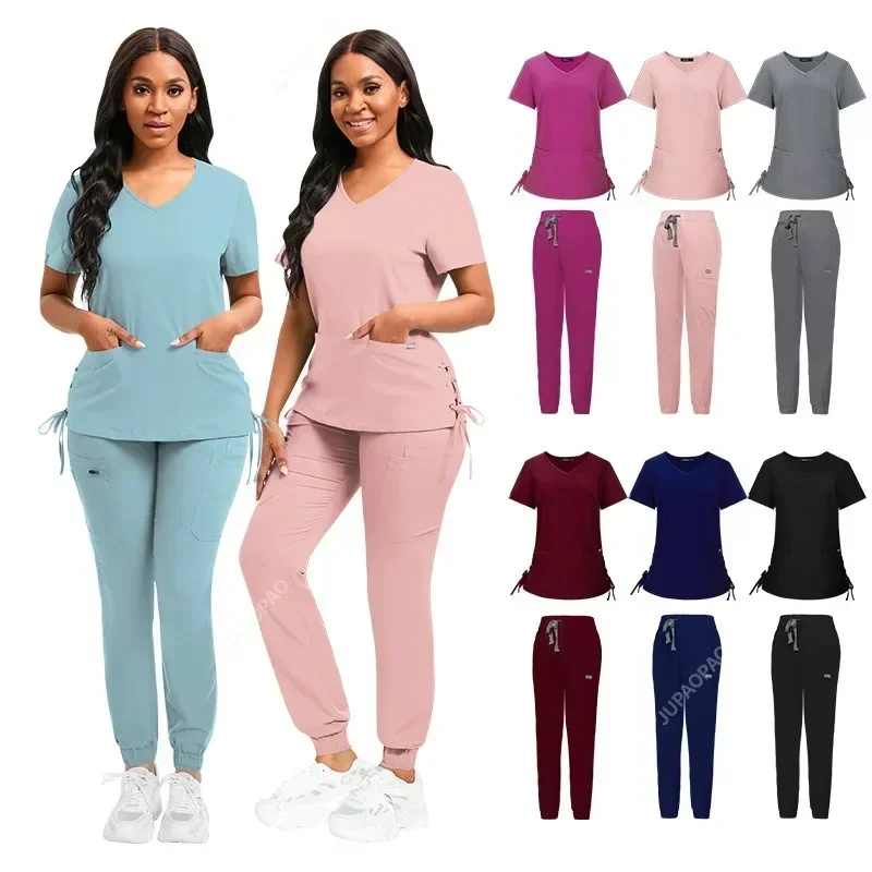 High Quality Surgical Pink Navy Blue Red Black Spa Salon Dental Aesthetic Scrubs Medical Beauty Nurse Women Work Uniform Set