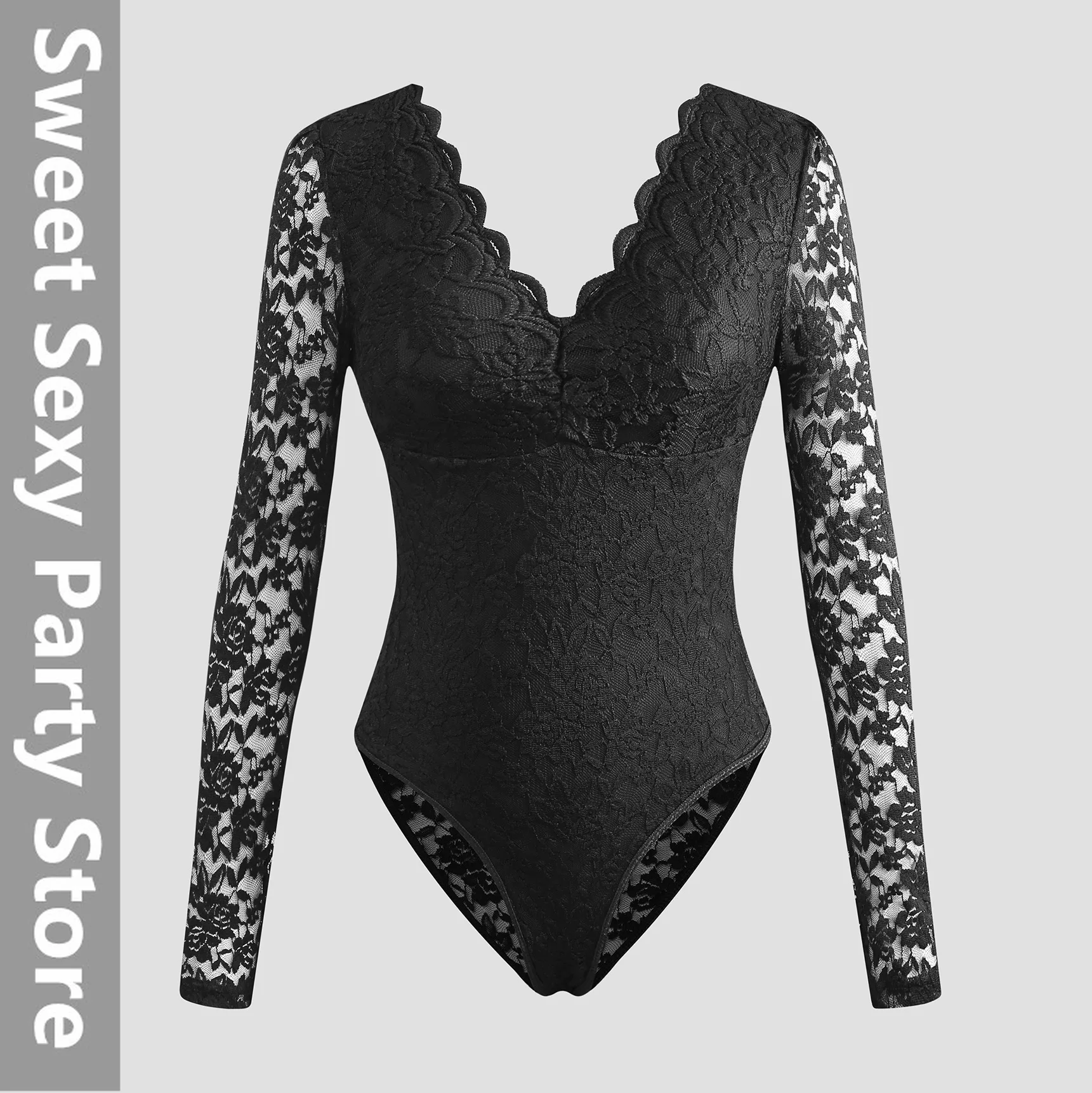 

2025 new versatile sexy solid color lace long-sleeved Spice Girl perspective slim onesie 10717
