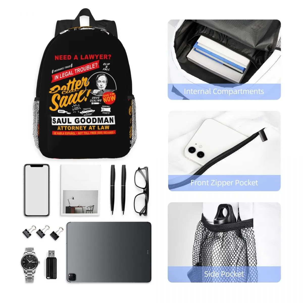 Sac à dos Saul Dk « Need A Lawyer Then Call Saul » – Grande capacité, idéal pour garçons et filles, sac d'école, sac à bandoulière pour hommes et femmes – Vente flash