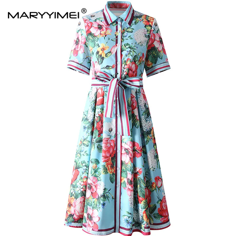 MARYYIMEI Women's Elegant Party Floral Dress Turn-Down Collar Short-Sleeved Lace-UP Slim Single-Breasted Vintage Print Dresses