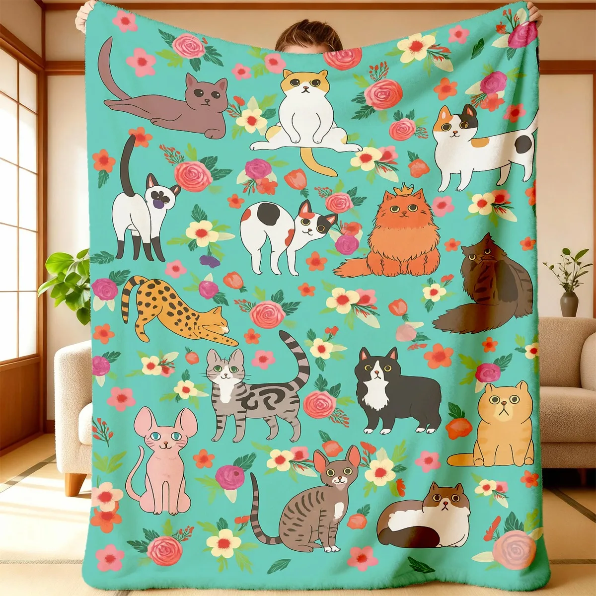 Color Cartoon Cats Flower Fleece Blanket, Teal Base Different Breed Kitty Wild Flower Pattern Cozy Throw for Camping Girls Room
