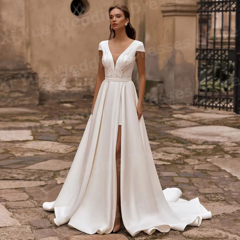 

Элегантное атласное женское свадебное платье А-силуэта с V-образным вырезом и аппликациями, с боковым разрезом, на заказ