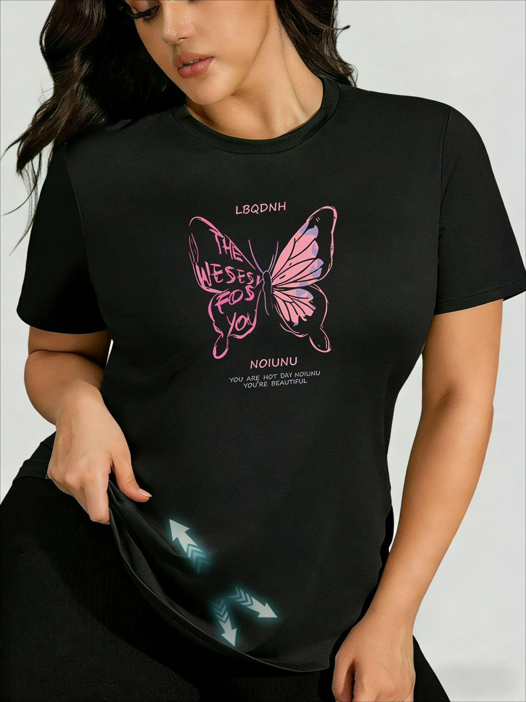 

American Retro Butterfly & Letter Design! Women's Plus Size T-Shirt, Sweet & Cool, Slimming & Versatile