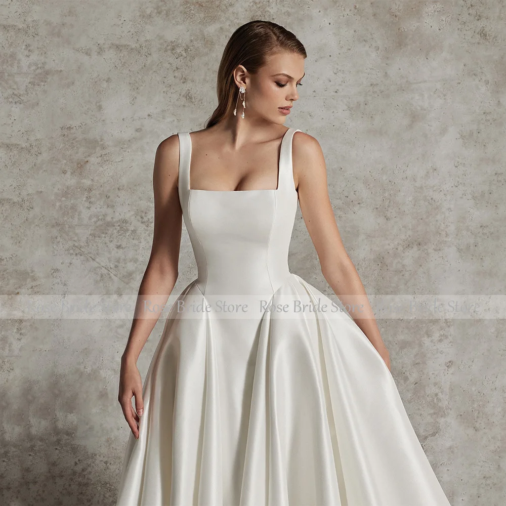 Elegante Brautkleider aus Satin mit quadratischem Kragen, A-Linie, rückenfrei, einfache Brautkleider für Frauen, 2025, Brautknöpfe, modernes Brautkleid