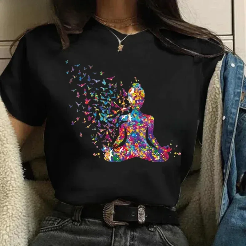 Plus Size Watercolor Breathe Chakra Symbols Yoga Print Tshirt Women Bird Om Aum Jade Buddha Meditation Tie Die T Shirt Femme Top view 3