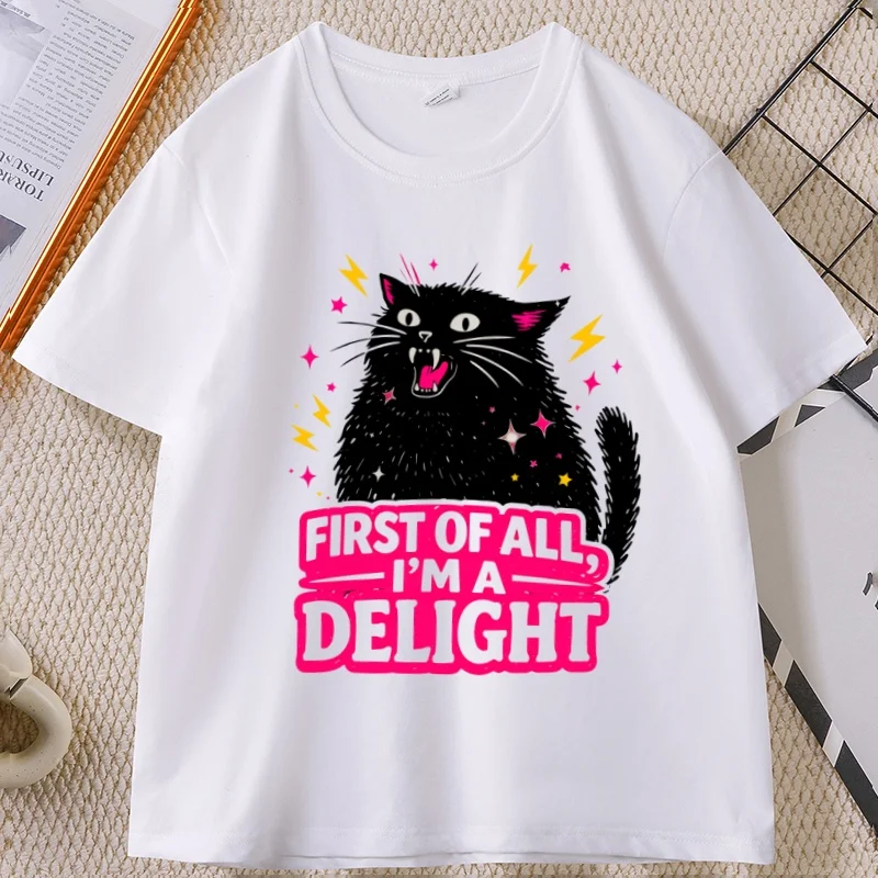 T-shirt « First of All I'm A Delight » pour hommes et femmes, motif chat noir amusant, en coton, manches courtes, col rond, style décontracté