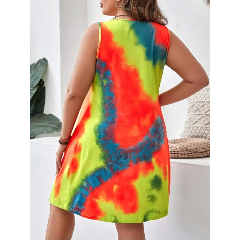 Plus Size Women 1XL-5XL Fashion Sleeveless Tie Dyed Dress Ladies Pleated Fashionable Knee Length Skirt Breathable Dress