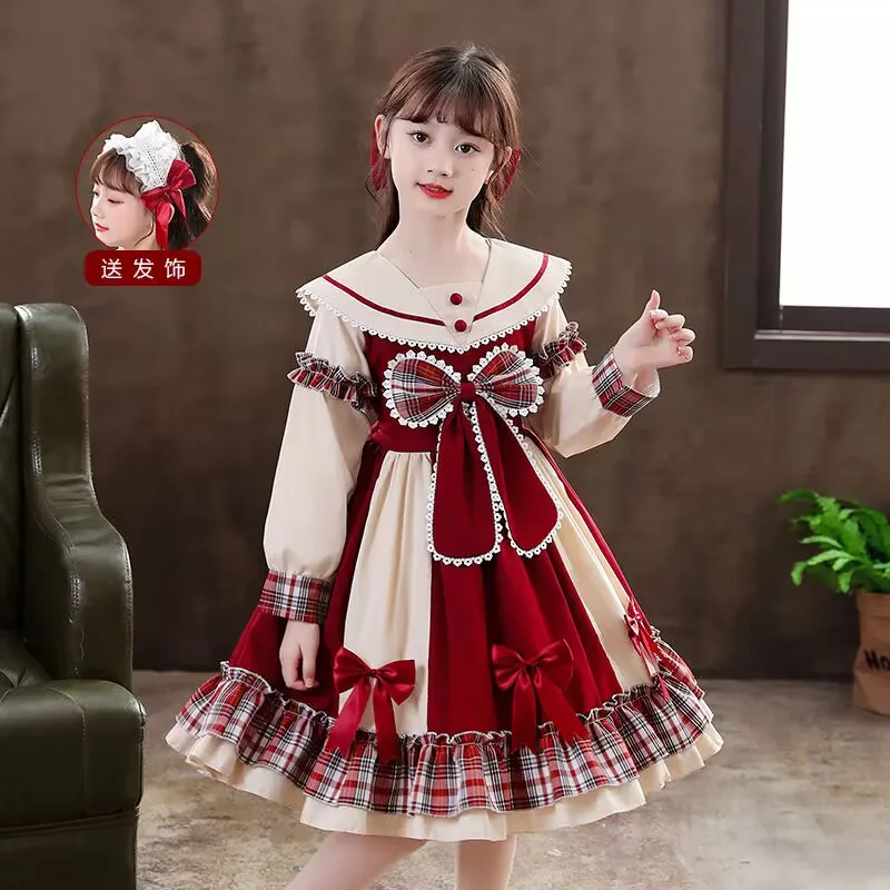Menina lolita vestido de princesa nova saia de manga longa roupas de primavera das crianças hanfu estilo universitário elegante vestido de manga curta