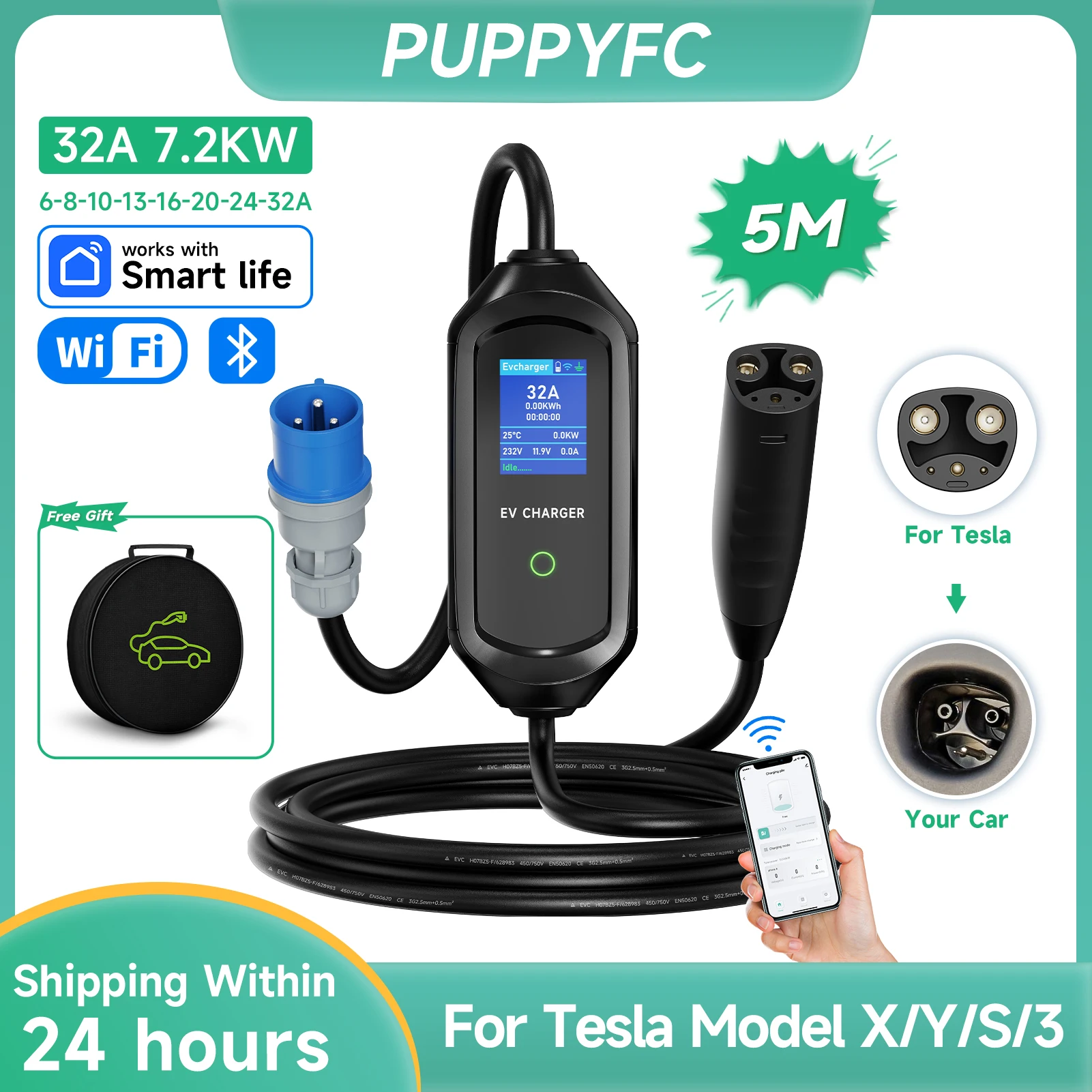

Портативное зарядное устройство для электромобилей Puppyfc 16A/32A для Tesla Model X/Y/S/3 с вилкой европейского стандарта, коробка для электромобиля, сертифицированная CEE, быстрая домашняя зарядка