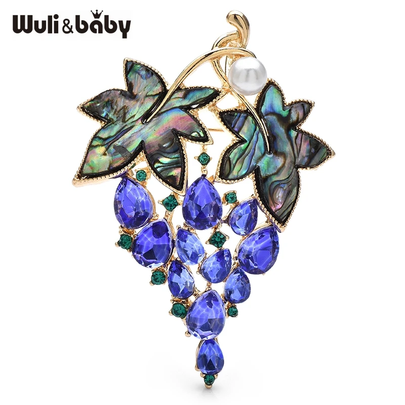 Wuli&baby Purple Rhinestone Grape Brooch Abalone Shell Leaf Pearl Fruit Brooches Women Dinner Accessory Pins