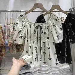 Korean Commute Bow Printed Short Sleeve Blouses 2024 Summer Women's Patchwork Ruched Elastic Loose Slash Neck Drawstring Shirts