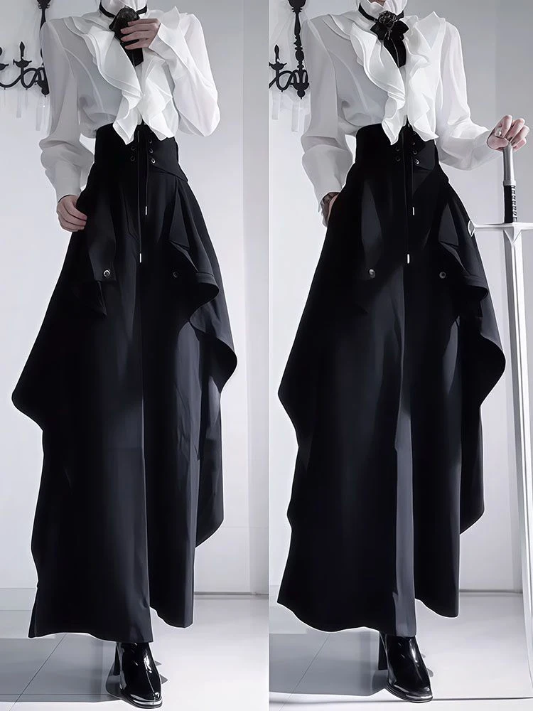 Gothic Knight Autumn Collection White Lace Shirt Waist Belt Black Irregular Pants Three-Piece Set for Women Office Date Wear