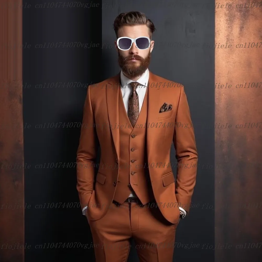 

Formal Occasion Dark Orange Men Suit Wedding Party Groom Groomsman Business Male Tuxedos Customize 3 Piece Set Jacket Vest Pants