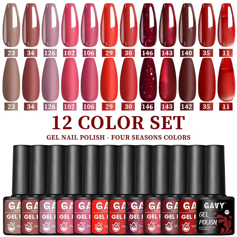 

GAVY 12-piece red gel nail polish set - suitable for LED women's DIY nail art, salon use and daily application
