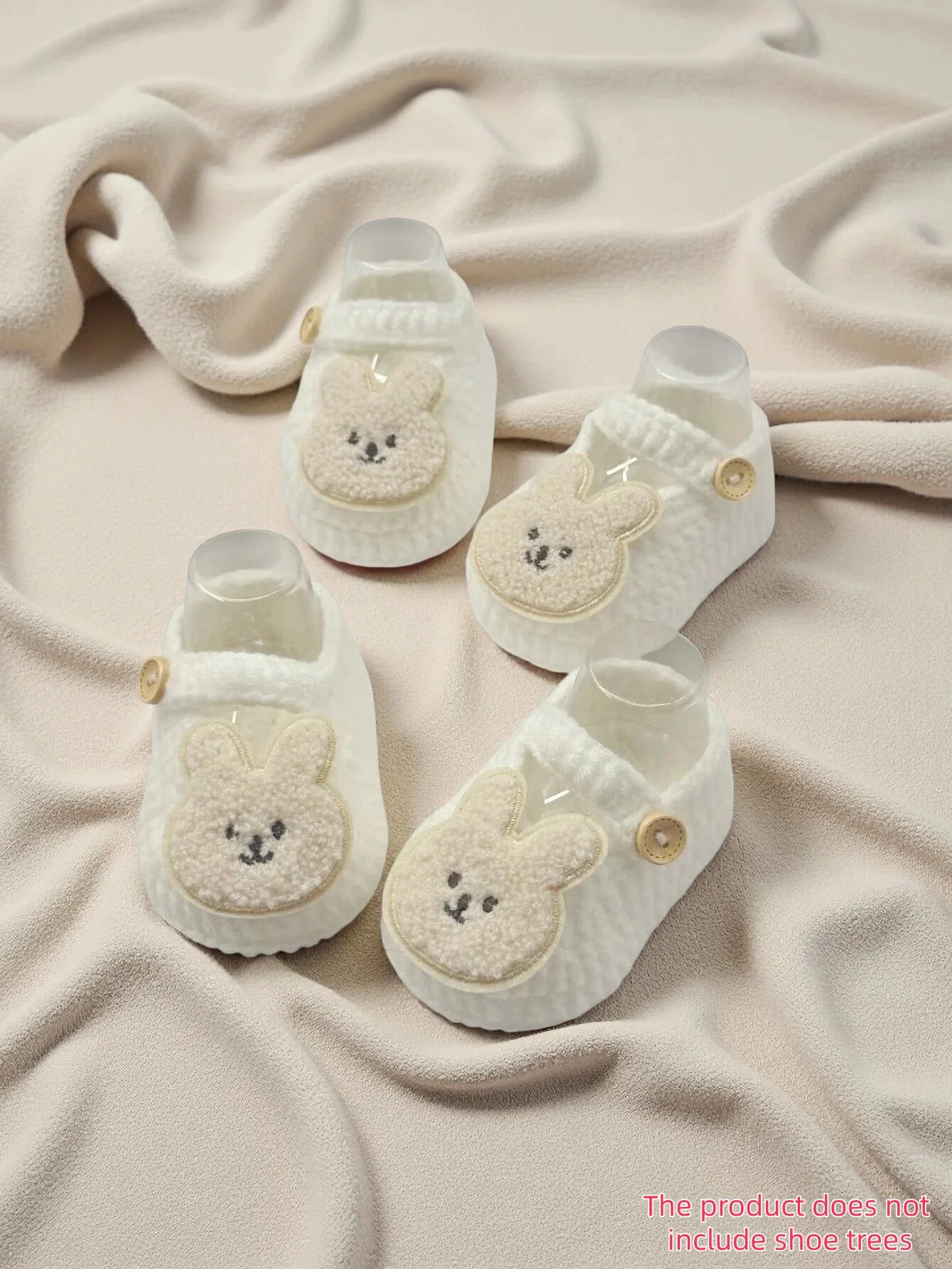 2 Pairs Knit Baby Booties with Cute Rabbit Embroidery, White, Soft Crochet Infant Shoes with Button Strap